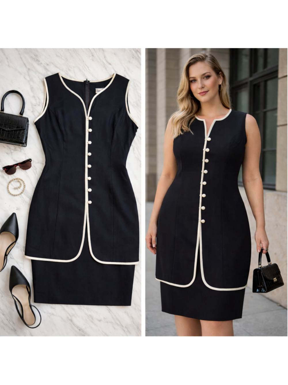 90s Black Dress Ivory Trim Button Front Layered Minimalist Old Money